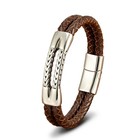 Men s Braided Leather Bracelet Stainless Steel Magnetic Buckle Black Brown