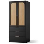 Black 2 Door Wardrobe Armoire 3 Drawers Rattan Tall Closet For Bedroom