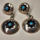 Vintage Turquoise   Sterling Silver Concho Shadowbox Dangle Earrings Navajo 1 5 