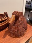 Four Nested Vintage Wicker Duck Bird Baskets Lidded Hand Woven Brown Wooden