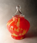 Czech Art Deco Spatter Glass Orangey Red Yellow Bowl Clear Lid Att To Franz Welz