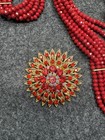 Vintage Red Beaded Necklace Bracelet Earrings Brooch Set Gold Tone