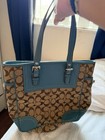 Coach Logo Brown Blue Tote Bag With Leather Trim And Zip Closure