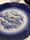 Rare 19thc Antique French Flow Blue Fish Motif Dinner Plate Gold Accents 8 5   