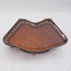 Vintage Ormolu Filigree Beveled Amber Glass Casket Footed Jewelry Trinket Box