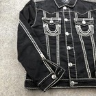 True Religion Jacket Mens Xl Black Denim Bomber Contrast Stitch Button Front