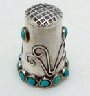 Vintage Taxco Mexican Sterling Silver Thimble Tall Turquoise Decoration 27043