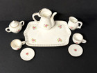 Vintage Porcelain Miniature 10 Pc Child s Tea Set Pink Roses Dainty Gold Trimmed