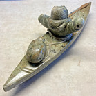 Inuit Eskimo  Hunter In Kayak Green Soapstone Hand Carved Sculpture Alaska Made