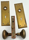 Vintage Brass Door Lock Set Brass Knobs  Plates  Lock Case  No Key