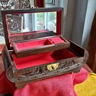 Rare Vintage Wooden Jewelry Box Hand Craved Antique Taiwan Wood brass Red Velvet