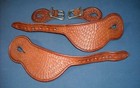 Vintage Leather Cowboy Spur Straps Hand Stamped Fish Scale North   Judd Buckles