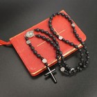 St Benedict Lava Stone Black Onyx Cross Rosary Beaded Necklace Men Women Gift