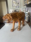 Rare Vintage Leather Wrapped Leopard Hand Painted Glass Eyes W  Whiskers Jaguar
