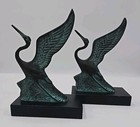 Vintage Art Nouveau Crane Bird Bookends Pair Bronze Coastal Shelf Decor