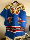 Vintage Mexican Wool Poncho Sarape     Thunderbird Motif     Heavyweight Blue Wool
