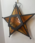 Star Amber Textured Glass Hanging Tea Light Lamp Lantern Candle Holder Metal