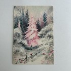 Vintage Mid Century Christmas Greeting Card Pink Snowy Trees Snow Fence Birds
