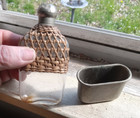 1880s Wicker Covered Pocket Whiskey Flask With Metal Base Cover   Original Cap