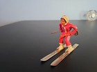 Vintage Barclay Manoil Skier Lead Winter Snow Skiing Toy Figure Female White Red