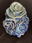 Vintage Primitive Folk Art Handmade Studio Blue Roses Jar urn With Lid