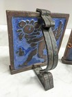 Grueby Tile Hammered Iron Bookends Arts   Crafts Blue Glaze Angel Or Cherub Vntg