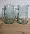 Vintage Coca Cola Green Glass Mug Set Of 2 Embossed Coke Logo Heavy Glass Stein
