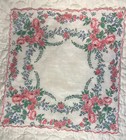 Vintage Ladies  Handkerchief With Pink Roses   Blue Forget-me-nots - 10  Square