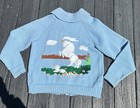 Vintage Whimsical Unicorn Cowichan Sweater Hand Knit Blue Wool Zip Jacket M Rare