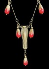 Vintage Art Deco Revival Gold Tone   Red Lucite Necklace   Earrings Set 1960s