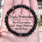 Triple Protection Gold Obsidian Black Tourmaline Onyx Beads Stretch Bracelet