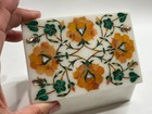 Vtg White Marble Inlay Jewelry Box Orange Green Floral Trinket Box Charity Over