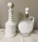Mcm 1950s Set Of 2 Jim Beam Liquor Milk Glass Decanters Corked Topper Vintage