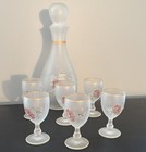 Vtg   Pink Rose Rhinestone Frosted Glass Gold Etched Decanter6 Cordial 7 Pcs