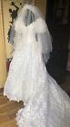 Vtg Union Made Wedding Dress Victorian Lace Full Skirt Beaded Veil Sleeves 7-8
