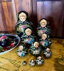 Russian Hand Painted Matryoshka Nesting Doll  Wooden Eggs Black Gold Gilt Plate
