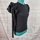 Zara T-shirt Womens S Black Ribbed Crew Neck Ruffle Shoulder Long Sleeve Gothic 