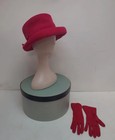 Vintage Red Felt Hat And Glove Set With Hat Box   Matching Mid-century Style Win