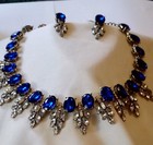 Women s Choker Necklace Earrings Royal Blue Clear Rhinestones  16  Silver Color