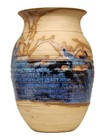 Vtg Studio Pottery Large Vase Cobalt Blue Drip Glaze Handcarved Design Signed