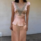 Vintage 1930s Silk Beach Pajamas Ballet Pink Lace Trim 2pc Set Rare