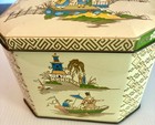 Vtg Daher Hinged Octagon Beige Tea Tin Pagoda Boat Asian Design Made In England