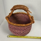 African Market Basket Ft Ghana Bolga Hand-woven  9  Leather Handle Earth Colors