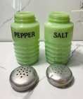 Vintage Uranium Glass Beehive Salt   Pepper Shakers Uv Glow Ribbed Set