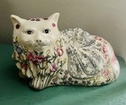 Vintage Large Chinese Ceramic Porcelain Flowers Cat Statue Figurine Hand Painted