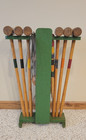 Vintage Wood Croquet Set Stand 6 Mallets Wooden Balls Wickets Stakes Rustic