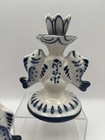Pair Vtg Candlesticks W Fish Gzhel Russian Cobalt Blue  Porcelain Whimsical