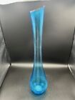 Vtg Large Aquamarine Blue Thumb Swung Vase Handblown Art Crackle 18  Mcm