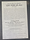 Robert Weede  cry For Us All  Joan Diener  Mitch Leigh 1970 Flop Tryout Flyer