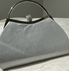Silver Satin Clutch Bag With Metal Handle  Rhinestone Clasp   Chain Strap